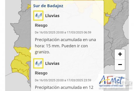 Aviso amarillo por lluvias en el sur de Badajoz este lunes
